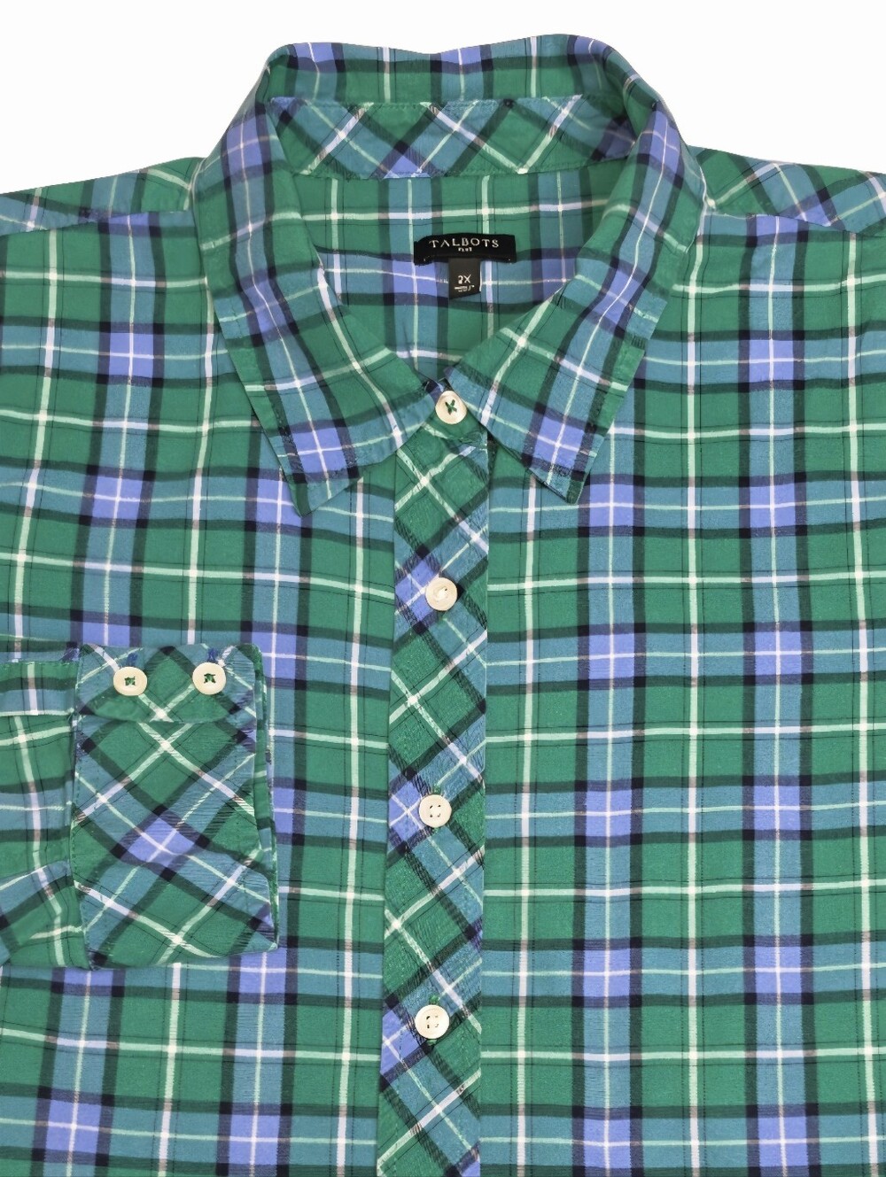 Talbots 2X Green Plaid Flannel Button Up Shirt Black Watch Outdoorsy Lumberjack